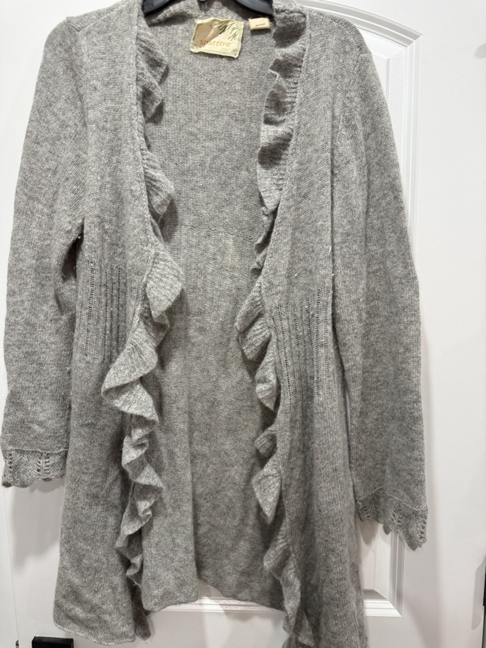sparrow Light Gray Ruffle-Trim Open Cardigan
